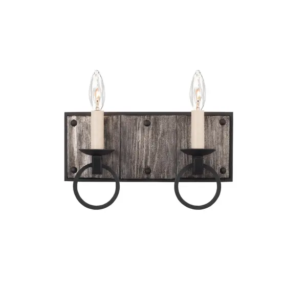 Modern Farmhouse inspired design with Black Iron ring and rivet hardware detail and finish featuring Burnt Silver Wood accents. Collection: Laramie Rooms: Bath, Vanity, Foyer, Laundry Finish: Black Iron Notes: Silver Burnt Wood Accents Width: 12.00" Height: 10.00" Length: 4.00" Weight: 4.00 lb Extension from Wall: 4.00" Wire: 7" Mounting Height: 6.00" Canopy: 12"x5"x1" Number of Bulbs: 2 Maximum Wattage: 60.00 W Bulb Type: Candelabra Bulb Base: E12 Candelabra Dimmable Voltage: 120.00 V Material: Steel , Aluminum , Wood Country of Origin: Philippines Safety Listing: cETL Safety Rating: Damp ADA