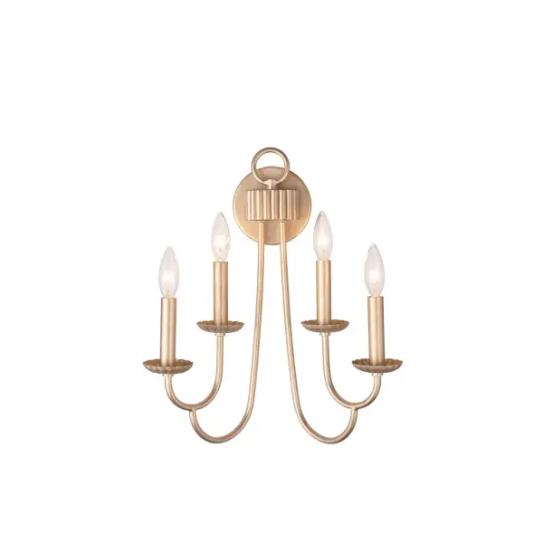 Contemporary inspired design meets old Hollywood Glamour with steel aluminum construction, soft ribbing and loop hardware detail, dipped extruded arms in a warm Modern Gold finish. Collection: Kiera Rooms: Entry, Hall, Bed, Bath Finish: Modern Gold Width: 15.00" Height: 18.00" Length: 8.00" Weight: 3.00 lb Extension from Wall: 8.00" Wire: 7" Mounting Height: 4.00" Canopy: 5"x5" Number of Bulbs: 4 Maximum Wattage: 60.00 W Bulb Type: Candelabra Bulb Base: E12 Candelabra Dimmable Voltage: 120.00 V Material: Steel , Aluminum Country of Origin: Philippines Safety Listing: cETL Safety Rating: Damp