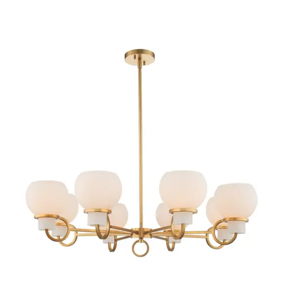 The Ascher is a traditional hurricane collection that has been updated for sophisticated 21st century interiors. Double ring details in the Winter Brass (WB) frame hold the frosted glass hurricanes. This collection follows the Kalco tradition of function and beauty in harmony. Collection: Ascher Rooms: Dining, Entry, Bed, Living Finish: Winter Brass Glass: White Opal Glass Width: 34.00" Height: 14.00" Length: 34.00" Weight: 13.00 lb Wire: 96" Rod: (1) 6", (1) 12", (1) 24" Canopy: 5"x1" Number of Bulbs: 8 Maximum Wattage: 40.00 W Bulb Type: Candelabra Bulb Base: E12 Candelabra Dimmable Voltage: 120.00 V Material: Steel, Glass Country of Origin: China Safety Listing: cETL Safety Rating: Dry