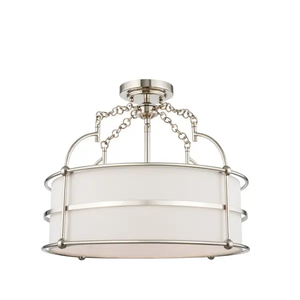 The Carson Collection features a clean linen fabric shade and Polished Nickel (PN) frame that is suspended by decorative chain links. The Polished Nickel (PN) finish contrasts and enhances the warm linen light. Collection: Carson Rooms: Hall, Bed, Living, Office Finish: Polished Nickel Glass: Off White Linen Width: 18.00" Height: 16.00" Length: 18.00" Weight: 7.00 lb Chain: 48" Wire: 96" Canopy: 5"x1" Number of Bulbs: 5 Maximum Wattage: 40.00 W Bulb Type: Candelabra Bulb Base: E12 Candelabra Dimmable Voltage: 120.00 V Material: Steel, Linen Country of Origin: China Safety Listing: cETL Safety Rating: Dry