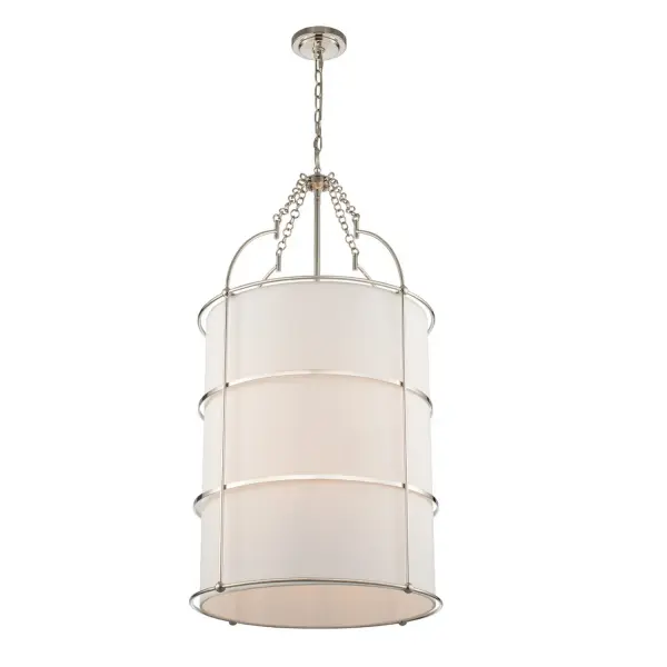 The Carson Collection features a clean linen fabric shade and Polished Nickel (PN) frame that is suspended by decorative chain links. The Polished Nickel (PN) finish contrasts and enhances the warm linen light. Collection: Carson Rooms: Foyer, Entry, Living, Great Finish: Polished Nickel Glass: Off White Linen Width: 20.00" Height: 40.00" Length: 20.00" Weight: 11.00 lb Chain: 96" Wire: 156" Canopy: 5"x1" Number of Bulbs: 8 Maximum Wattage: 40.00 W Bulb Type: Candelabra Bulb Base: E12 Candelabra Dimmable Voltage: 120.00 V Material: Steel, Linen Country of Origin: China Safety Listing: cETL Safety Rating: Dry
