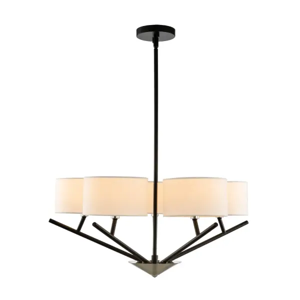 Kalco's Tahoe Collection takes the best of Mid-Century Modern elements and marries those to more contemporary styling to create a 5 or 7-light Chandelier and 10-inch Wall Sconce that would be comfortable in a variety of design schemes. Matte Black with Polished Nickel steel and fabric shades. Collection: Tahoe Rooms: Bed, Dining, Entry, Living Finish: Matte Black w Polished Nickel Width: 26.00" Height: 19.00" Length: 26.00" Weight: 9.00 lb Wire: 96" Rod: (1) 6", (1) 12", (1) 24" Canopy: 5"x1" Number of Bulbs: 5 Maximum Wattage: 40.00 W Bulb Type: Candelabra Bulb Base: Candelabra Dimmable Voltage: 120.00 V Material: Steel Fabric Country of Origin: China Safety Listing: cETL Safety Rating: Dry