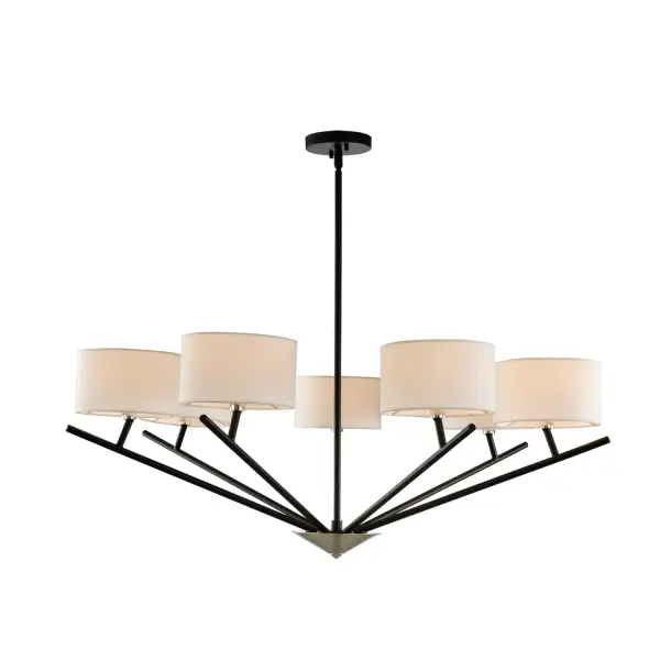 Kalco's Tahoe Collection takes the best of Mid-Century Modern elements and marries those to more contemporary styling to create a 5 or 7-light Chandelier and 10-inch Wall Sconce that would be comfortable in a variety of design schemes. Matte Black with Polished Nickel steel and fabric shades. Collection: Tahoe Rooms: Bed, Dining, Entry, Living Finish: Matte Black w Polished Nickel Width: 38.00" Height: 19.00" Length: 38.00" Weight: 14.00 lb Wire: 96" Rod: (1) 6", (1) 12", (1) 24" Canopy: 5"x1" Number of Bulbs: 7 Maximum Wattage: 40.00 W Bulb Type: Candelabra Bulb Base: Candelabra Dimmable Voltage: 120.00 V Material: Steel, Fabric Country of Origin: China Safety Listing: cETL Safety Rating: Dry