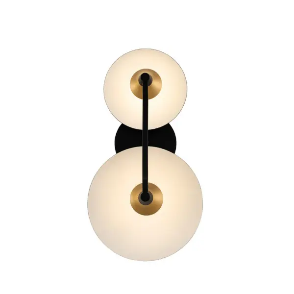 The Redding Collection is characterized by its floating discs uplit by clean LED light. Brass cups holding LEDs illuminate the discs to deliver soft indirect light to your space. Mystery and nostalgia are created by modern LED technology. The collection is finished in Matte Black w/ White and Brass Accents (BWB). Fixtures are dimmable with Triac dimmer switch. Collection: Redding Finish: Matte Black w White and Brass Accent Glass: Two sizes shades for Wall Sconce Width: 9.00" Height: 16.00" Length: 7.00" Weight: 5.00 lb Extension from Wall: 7.00" Wire: 7" Mounting Height: 7.00" Canopy: 5"x5" Bulbs Included Maximum Wattage: 11.00 W Bulb Type: LED Light Source: LED Light Output: 800.00 lm Color Temperature: 3000 K CRI: 80 Dimmable Voltage: 120.00 V Material: Steel Country of Origin: China Safety Listing: cETL Safety Rating: Damp LED - alternate view
