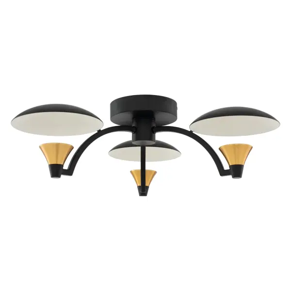 The Redding Collection is characterized by its floating discs uplit by clean LED light. Brass cups holding LEDs illuminate the discs to deliver soft indirect light to your space. Mystery and nostalgia are created by modern LED technology. The collection is finished in Matte Black w/ White and Brass Accents (BWB). Fixtures are dimmable with Triac dimmer switch. Collection: Redding Rooms: Kitchen, Dining, Office, Billiards Finish: Matte Black w White and Brass Accent Glass: Shades for Semi Flush Mount Width: 19.00" Height: 6.00" Length: 19.00" Weight: 7.00 lb Wire: 7" Canopy: 5"x1" Bulbs Included Maximum Wattage: 17.00 W Bulb Type: LED Light Source: LED Light Output: 1200.00 lm Color Temperature: 3000 K CRI: 80 Dimmable Voltage: 120.00 V Material: Steel Country of Origin: China Safety Listing: cETL Safety Rating: Dry LED - alternate view