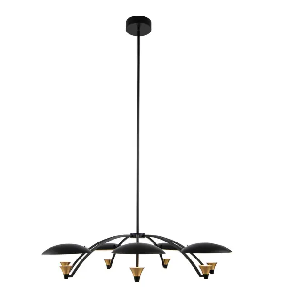 The Redding Collection is characterized by its floating discs uplit by clean LED light. Brass cups holding LEDs illuminate the discs to deliver soft indirect light to your space. Mystery and nostalgia are created by modern LED technology. The collection is finished in Matte Black w/ White and Brass Accents (BWB). Fixtures are dimmable with Triac dimmer switch. Collection: Redding Rooms: Bed, Dining, Foyer, Living Finish: Matte Black w White and Brass Accent Width: 38.00" Height: 18.00" Length: 38.00" Weight: 24.00 lb Wire: 96" Rod: (1) 6", (1) 12", (1) 24" Canopy: 6"x2" Bulbs Included Maximum Wattage: 39.00 W Bulb Type: LED Light Source: LED Light Output: 2800.00 lm Color Temperature: 3000 K CRI: 90 Dimmable Voltage: 120.00 V Material: Steel Country of Origin: China Safety Listing: cETL Safety Rating: Dry LED