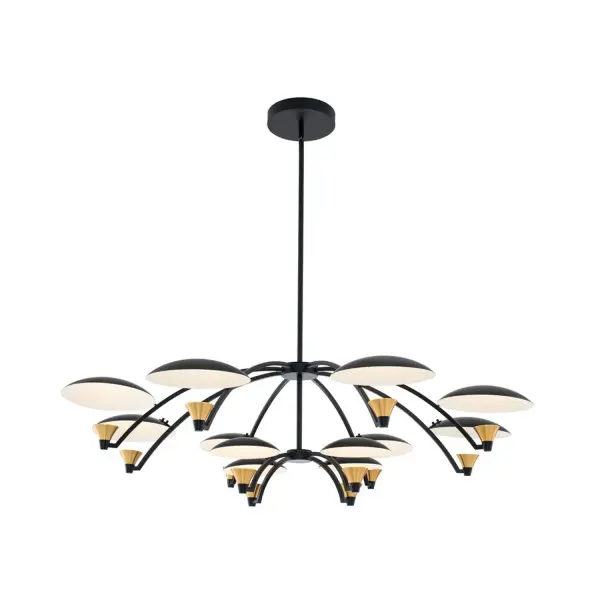 The Redding Collection is characterized by its floating discs uplit by clean LED light. Brass cups holding LEDs illuminate the discs to deliver soft indirect light to your space. Mystery and nostalgia are created by modern LED technology. The collection is finished in Matte Black w/ White and Brass Accents (BWB). Fixtures are dimmable with Triac dimmer switch. Collection: Redding Finish: Matte Black w White and Brass Accent Glass: Two sizes shades for 2 Tier Chandelier Width: 45.00" Height: 22.00" Length: 45.00" Weight: 38.00 lb Wire: 96" Rod: (1) 6", (1) 12", (1) 24" Canopy: 7"x1" Bulbs Included Maximum Wattage: 66.00 W Bulb Type: LED Light Source: LED Light Output: 4800.00 lm Color Temperature: 3000 K CRI: 80 Dimmable Voltage: 120.00 V Material: Steel Country of Origin: China Safety Listing: cETL Safety Rating: Dry LED
