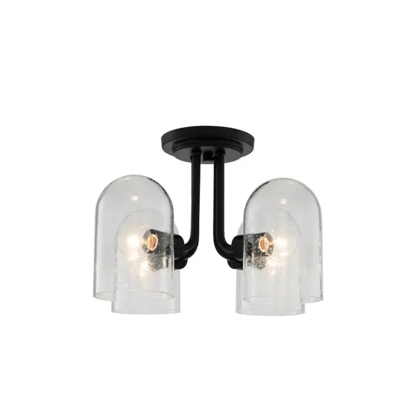 Matte Black and Bubble Glass combine in this understated yet sophisticated Cupola Collection. The unique elongated dome shades and soft industrial styling give an air of personality that's both modern and slightly edgy. Collection: Cupola Finish: Matte Black Width: 15.00" Height: 10.00" Length: 15.00" Weight: 9.00 lb Wire: 12" Canopy: 6"x1" Number of Bulbs: 4 Maximum Wattage: 40.00 W Bulb Type: G16.5 Bulb Base: E12 Candelabra Dimmable Voltage: 120.00 V Material: Steel Glass Country of Origin: China Safety Listing: cETL Safety Rating: Dry