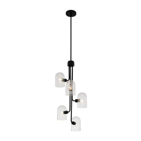 Matte Black and Bubble Glass combine in this understated yet sophisticated Cupola Collection. The unique elongated dome shades and soft industrial styling give an air of personality that's both modern and slightly edgy. Collection: Cupola Finish: Matte Black Width: 15.00" Height: 42.00" Length: 15.00" Weight: 14.00 lb Wire: 96" Rod: (1) 6", (1) 12", (1) 24" Canopy: 6"x1" Number of Bulbs: 5 Maximum Wattage: 40.00 W Bulb Type: G16.5 Bulb Base: E12 Candelabra Dimmable Voltage: 120.00 V Material: Steel Glass Country of Origin: China Safety Listing: cETL Safety Rating: Dry