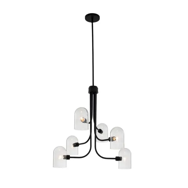 Matte Black and Bubble Glass combine in this understated yet sophisticated Cupola Collection. The unique elongated dome shades and soft industrial styling give an air of personality that's both modern and slightly edgy. Collection: Cupola Finish: Matte Black Width: 27.00" Height: 37.00" Length: 27.00" Weight: 16.00 lb Wire: 96" Rod: (1) 6", (1) 12", (1) 24" Canopy: 6"x1" Number of Bulbs: 6 Maximum Wattage: 40.00 W Bulb Type: G16.5 Bulb Base: E12 Candelabra Dimmable Voltage: 120.00 V Material: Steel Glass Country of Origin: China Safety Listing: cETL Safety Rating: Dry