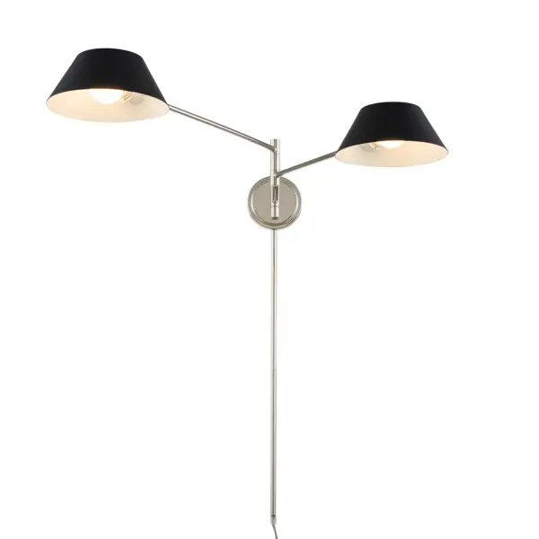 A Classic Mid-Century Modern silhouette gets a buttoned-up makeover with rotating Matte Black shades that can be arranged to meet the design of the space and articulating arms that can be configured to your perfect adjustment. Complemented by a Polished Chrome finish, this collection would be right at home in a transitional or even contemporary setting. Collection: Bruno Finish: Matte Black w/ Polished Nickel Glass: Metal Matte Black Outside White Inside Width: 7.00" Height: 5.00" Length: 44.00" Weight: 5.00 lb Extension from Wall: 44.00" Wire: 120" Rod: (2) 12" Mounting Height: 3.00" Canopy: 5"x5" Number of Bulbs: 2 Maximum Wattage: 40.00 W Bulb Type: G16.5 Bulb Base: E12 Candelabra Voltage: 120.00 V Material: Steel Country of Origin: China Safety Listing: cETL Safety Rating: Damp Switch: Rocker
