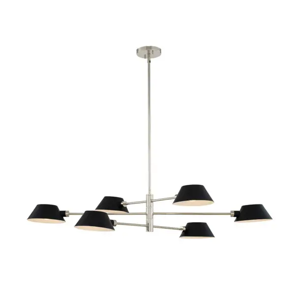 A Classic Mid-Century Modern silhouette gets a buttoned-up makeover with rotating Matte Black shades that can be arranged to meet the design of the space. Complemented by a Polished Chrome finish, this collection would be right at home in a transitional or even contemporary setting. Collection: Bruno Finish: Matte Black w/ Polished Nickel Glass: Metal Matte Black Outside White Inside Width: 14.00" Height: 17.00" Length: 44.00" Weight: 11.00 lb Wire: 96" Rod: (1) 6", (1) 12", (1) 24" Canopy: 5"x1" Number of Bulbs: 6 Maximum Wattage: 40.00 W Bulb Type: G16.5 Bulb Base: E12 Candelabra Dimmable Voltage: 120.00 V Material: Steel Country of Origin: China Safety Listing: cETL Safety Rating: Dry