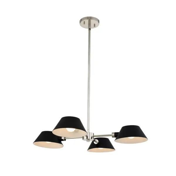 A Classic Mid-Century Modern silhouette gets a buttoned-up makeover with rotating Matte Black shades that can be arranged to meet the design of the space. Complemented by a Polished Chrome finish, this collection would be right at home in a transitional or even contemporary setting. Collection: Bruno Finish: Matte Black w/ Polished Nickel Glass: Metal Matte Black Outside White Inside Width: 26.00" Height: 12.00" Length: 26.00" Weight: 8.00 lb Wire: 96" Rod: (1) 6", (1) 12", (1) 24" Canopy: 5"x1" Number of Bulbs: 4 Maximum Wattage: 40.00 W Bulb Type: G16.5 Bulb Base: E12 Candelabra Dimmable Voltage: 120.00 V Material: Steel Country of Origin: China Safety Listing: cETL Safety Rating: Dry