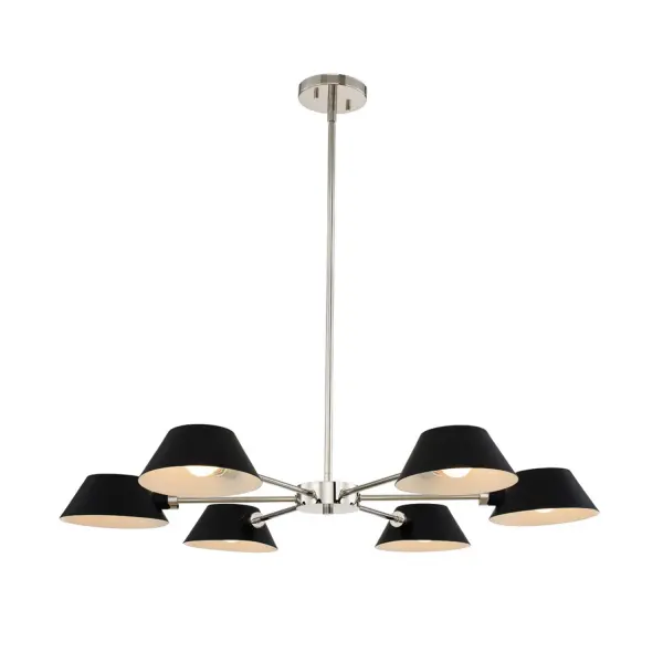 A Classic Mid-Century Modern silhouette gets a buttoned-up makeover with rotating Matte Black shades that can be arranged to meet the design of the space. Complemented by a Polished Chrome finish, this collection would be right at home in a transitional or even contemporary setting. Collection: Bruno Finish: Matte Black w/ Polished Nickel Glass: Metal Matte Black Outside White Inside Width: 34.00" Height: 12.00" Length: 34.00" Weight: 17.00 lb Wire: 96" Rod: (1) 6", (1) 12", (1) 24" Canopy: 5"x1" Number of Bulbs: 6 Maximum Wattage: 40.00 W Bulb Type: G16.5 Bulb Base: E12 Candelabra Dimmable Voltage: 120.00 V Material: Steel Country of Origin: China Safety Listing: cETL Safety Rating: Dry