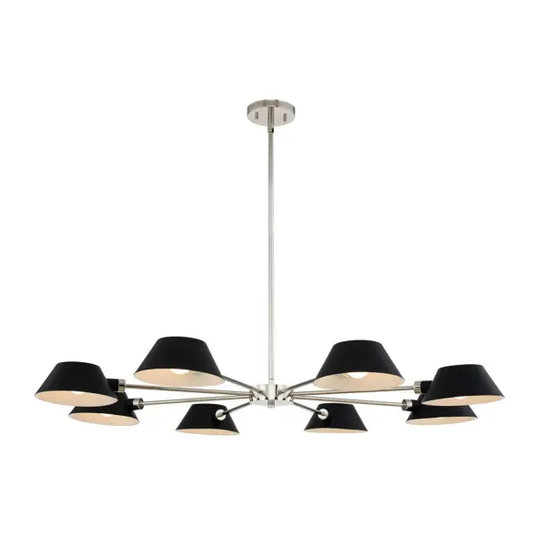 A Classic Mid-Century Modern silhouette gets a buttoned-up makeover with rotating Matte Black shades that can be arranged to meet the design of the space. Complemented by a Polished Chrome finish, this collection would be right at home in a transitional or even contemporary setting. Collection: Bruno Finish: Matte Black w/ Polished Nickel Glass: Metal Matte Black Outside White Inside Width: 42.00" Height: 12.00" Length: 42.00" Weight: 20.00 lb Wire: 96" Rod: (1) 6", (1) 12", (1) 24" Canopy: 5"x1" Number of Bulbs: 8 Maximum Wattage: 40.00 W Bulb Type: G16.5 Bulb Base: E12 Candelabra Dimmable Voltage: 120.00 V Material: Steel Country of Origin: China Safety Listing: cETL Safety Rating: Dry