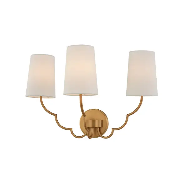 This Sophia Collection exudes feminine energy with its simple, scalloped silhouette. Available in a New Brass finish with White Linen Shades or Polished Nickel paired with Black Linen Shades. Perfect for transitional settings. Collection: Sophia Finish: New Brass Glass: Fabric Shade - White Width: 22.00" Height: 14.00" Length: 12.00" Weight: 4.00 lb Extension from Wall: 12.00" Wire: 7" Mounting Height: 11.00" Canopy: 5"x5" Number of Bulbs: 3 Maximum Wattage: 40.00 W Bulb Type: Candelabra Bulb Base: E12 Candelabra Dimmable Voltage: 120.00 V Material: Steel, Fabric Country of Origin: China Safety Listing: cETL Safety Rating: Damp