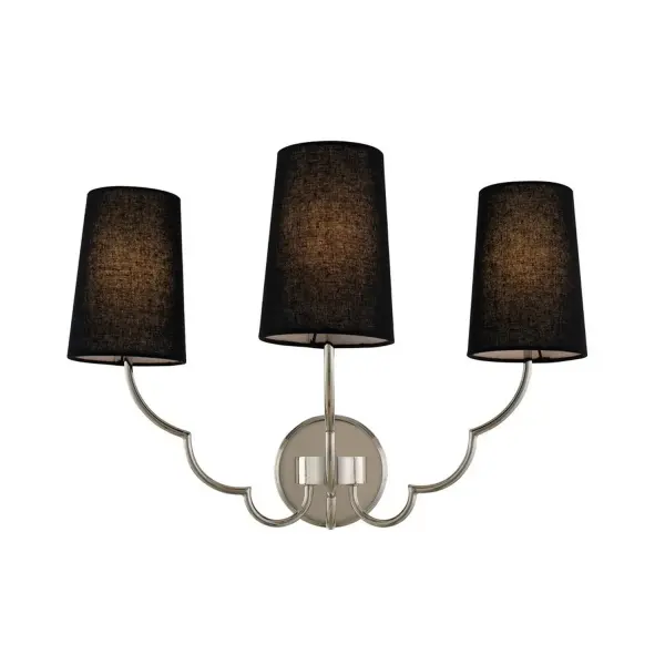 This Sophia Collection exudes feminine energy with its simple, scalloped silhouette. Available in a New Brass finish with White Linen Shades or Polished Nickel paired with Black Linen Shades. Perfect for transitional settings. Collection: Sophia Finish: Polished Nickel Glass: Fabric Shade - Black Width: 22.00" Height: 14.00" Length: 12.00" Weight: 4.00 lb Extension from Wall: 12.00" Wire: 7" Mounting Height: 11.00" Canopy: 5"x5" Number of Bulbs: 3 Maximum Wattage: 40.00 W Bulb Type: Candelabra Bulb Base: E12 Candelabra Dimmable Voltage: 120.00 V Material: Steel, Fabric Country of Origin: China Safety Listing: cETL Safety Rating: Damp