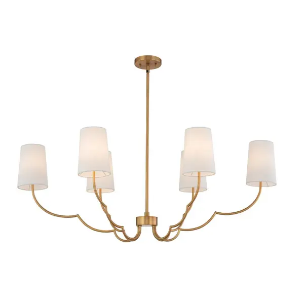 This Sophia Collection exudes feminine energy with its simple, scalloped silhouette. Available in a New Brass finish with White Linen Shades or Polished Nickel paired with Black Linen Shades. Perfect for transitional settings. Collection: Sophia Finish: New Brass Glass: Fabric Shade - White Width: 14.00" Height: 20.00" Length: 42.00" Weight: 10.00 lb Wire: 156" Rod: (1) 6", (1) 12", (1) 24" Canopy: 5"x1" Number of Bulbs: 6 Maximum Wattage: 40.00 W Bulb Type: Candelabra Bulb Base: E12 Candelabra Dimmable Voltage: 120.00 V Material: Steel, Fabric Country of Origin: China Safety Listing: cETL Safety Rating: Dry
