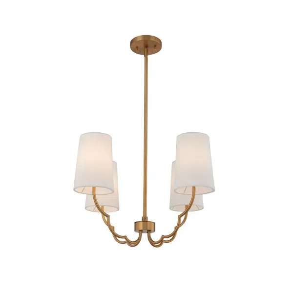 This Sophia Collection exudes feminine energy with its simple, scalloped silhouette. Available in a New Brass finish with White Linen Shades or Polished Nickel paired with Black Linen Shades. Perfect for transitional settings. Collection: Sophia Finish: New Brass Glass: Fabric Shade - White Width: 22.00" Height: 18.00" Length: 22.00" Weight: 7.00 lb Wire: 96" Rod: (1) 6", (1) 12", (1) 24" Canopy: 5"x1" Number of Bulbs: 4 Maximum Wattage: 40.00 W Bulb Type: Candelabra Bulb Base: E12 Candelabra Dimmable Voltage: 120.00 V Material: Steel, Fabric Country of Origin: China Safety Listing: cETL Safety Rating: Dry