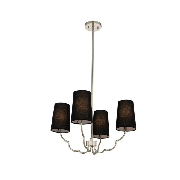 This Sophia Collection exudes feminine energy with its simple, scalloped silhouette. Available in a New Brass finish with White Linen Shades or Polished Nickel paired with Black Linen Shades. Perfect for transitional settings. Collection: Sophia Finish: Polished Nickel Glass: Fabric Shade - Black Width: 22.00" Height: 18.00" Length: 22.00" Weight: 7.00 lb Wire: 96" Rod: (1) 6", (1) 12", (1) 24" Canopy: 5"x1" Number of Bulbs: 4 Maximum Wattage: 40.00 W Bulb Type: Candelabra Bulb Base: E12 Candelabra Dimmable Voltage: 120.00 V Material: Steel, Fabric Country of Origin: China Safety Listing: cETL Safety Rating: Dry