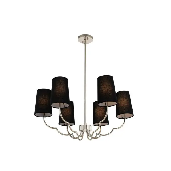 This Sophia Collection exudes feminine energy with its simple, scalloped silhouette. Available in a New Brass finish with White Linen Shades or Polished Nickel paired with Black Linen Shades. Perfect for transitional settings. Collection: Sophia Finish: Polished Nickel Glass: Fabric Shade - Black Width: 28.00" Height: 19.00" Length: 28.00" Weight: 10.00 lb Wire: 96" Rod: (1) 6", (1) 12", (1) 24" Canopy: 5"x1" Number of Bulbs: 6 Maximum Wattage: 40.00 W Bulb Type: Candelabra Bulb Base: E12 Candelabra Dimmable Voltage: 120.00 V Material: Steel, Fabric Country of Origin: China Safety Listing: cETL Safety Rating: Dry