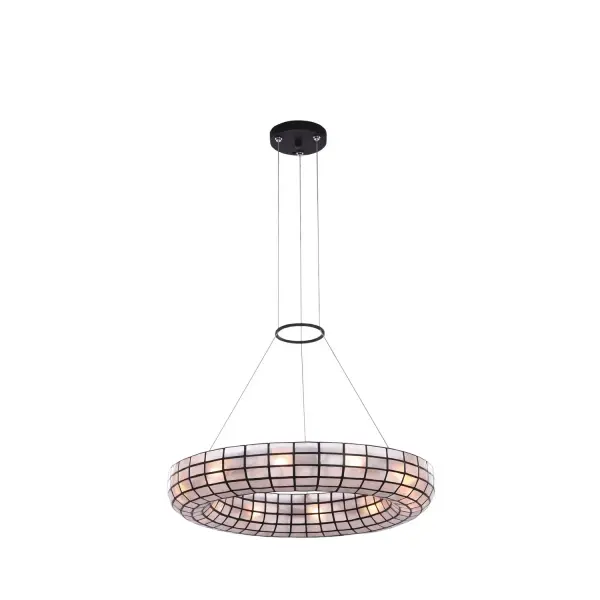 An updated take on a Tiff any-style look, the Sanibel collection encapsulates natural capiz shell in a modern matte black frame. The shells diffuse light to provide a soft, warm glow, and also create a beautiful organic ambiance when the fixture is off. Aircraft cables suspend the pendant from the ceiling for a finishing contemporary detail. Collection: Sanibel Finish: Matte Black Width: 26.00" Height: 4.00" Length: 26.00" Weight: 18.00 lb Wire: 156" Canopy: 6"x1" Number of Bulbs: 10 Maximum Wattage: 40.00 W Bulb Type: E12 Bulb Base: E12 Candelabra Dimmable Voltage: 120.00 V Material: Steel, Capiz Shell Country of Origin: Philippines Safety Listing: cETL Safety Rating: Dry