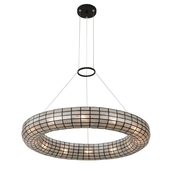 An updated take on a Tiff any-style look, the Sanibel collection encapsulates natural capiz shell in a modern matte black frame. The shells diffuse light to provide a soft, warm glow, and also create a beautiful organic ambiance when the fixture is off. Aircraft cables suspend the pendant from the ceiling for a finishing contemporary detail. Collection: Sanibel Finish: Matte Black Width: 33.00" Height: 4.00" Length: 33.00" Weight: 25.00 lb Wire: 192" Canopy: 6"x1" Number of Bulbs: 12 Maximum Wattage: 40.00 W Bulb Type: E12 Bulb Base: E12 Candelabra Dimmable Voltage: 120.00 V Material: Steel, Capiz Shell Country of Origin: Philippines Safety Listing: cETL Safety Rating: Dry
