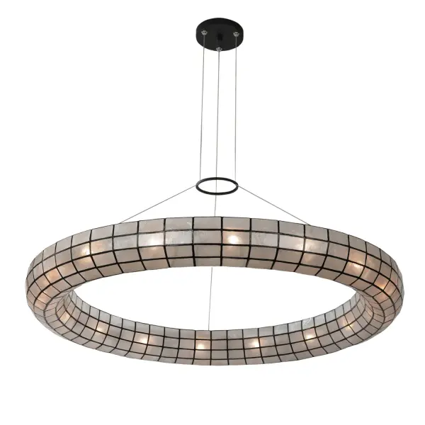 An updated take on a Tiff any-style look, the Sanibel collection encapsulates natural capiz shell in a modern matte black frame. The shells diffuse light to provide a soft, warm glow, and also create a beautiful organic ambiance when the fixture is off. Aircraft cables suspend the pendant from the ceiling for a finishing contemporary detail. Collection: Sanibel Finish: Matte Black Width: 42.00" Height: 4.00" Length: 42.00" Weight: 34.00 lb Wire: 192" Canopy: 6"x1" Number of Bulbs: 16 Maximum Wattage: 40.00 W Bulb Type: E12 Bulb Base: E12 Candelabra Dimmable Voltage: 120.00 V Material: Steel, Capiz Shell Country of Origin: Philippines Safety Listing: cETL Safety Rating: Dry