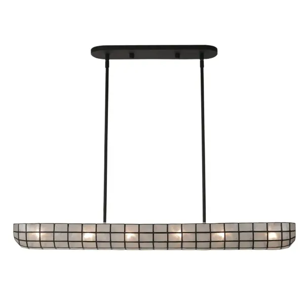 An updated take on a Tiff any-style look, the Sanibel collection encapsulates natural capiz shell in a modern matte black frame. The shells diffuse light to provide a soft, warm glow, and also create a beautiful organic ambiance when the fixture is off. Aircraft cables suspend the pendant from the ceiling for a finishing contemporary detail. Collection: Sanibel Finish: Matte Black Width: 5.00" Height: 4.00" Length: 44.00" Weight: 16.00 lb Wire: 156" Rod: (2) 6", (2) 12", (2) 24" Canopy: 5"x1"x20" Number of Bulbs: 6 Maximum Wattage: 40.00 W Bulb Type: E-12 Bulb Base: E12 Candelabra Dimmable Voltage: 120.00 V Material: Steel, Capiz Shell Country of Origin: Philippines Safety Listing: cETL Safety Rating: Dry