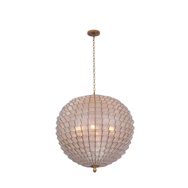 A contemporary Scandinavian artichoke silhouette gets a transitional makeover in this collection, where natural capiz shells are held in place by an Oxidized Gold Leaf finished frame. Collection: Samal Finish: Oxidized Gold Leaf Width: 25.00" Height: 28.00" Length: 25.00" Weight: 56.00 lb Chain: 48" Wire: 96" Canopy: 5"x1" Number of Bulbs: 6 Maximum Wattage: 40.00 W Bulb Type: E-12 Bulb Base: E12 Candelabra Dimmable Voltage: 120.00 V Material: Steel, Capiz Shell Country of Origin: Philippines Safety Listing: cETL Safety Rating: Dry