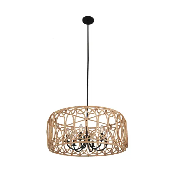 Inspired by the idea of making classic rattan furniture modern, this collection's authentic, natural construction showcases its beautiful handmade qualities. The intricate detailing dresses up the open frame, while the illumination is soft and warm. Place this semi-flush mount in a bathroom, bedroom or even breakfast nook for an updated take on a familiar favorite. Collection: Tablas Finish: Matte Black Width: 28.00" Height: 21.00" Length: 28.00" Weight: 20.00 lb Wire: 96" Rod: (1) 6", (1) 12", (1) 24" Canopy: 5"x1" Number of Bulbs: 6 Maximum Wattage: 40.00 W Bulb Type: E12 Bulb Base: E12 Candelabra Dimmable Voltage: 120.00 V Material: Steel, Natural Rattan Country of Origin: Philippines Safety Listing: cETL Safety Rating: Dry