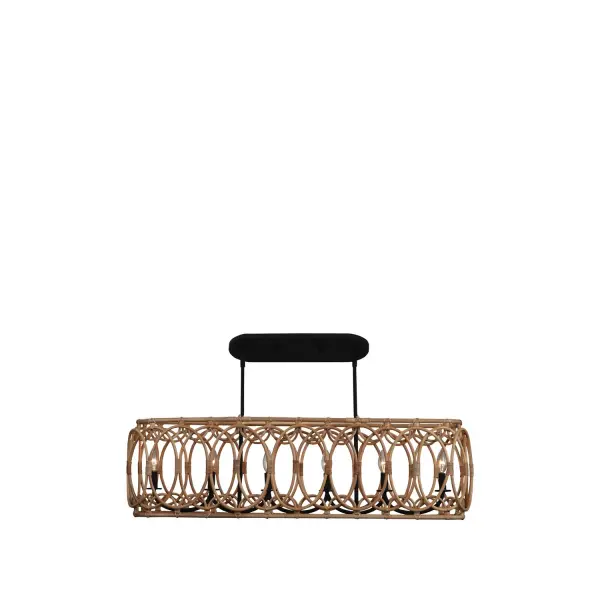 Inspired by the idea of making classic rattan furniture modern, this collection's authentic, natural construction showcases its beautiful handmade qualities. The intricate detailing dresses up the open frame, while the illumination is soft and warm. Place this semi-flush mount in a bathroom, bedroom or even breakfast nook for an updated take on a familiar favorite. Collection: Tablas Finish: Matte Black Width: 8.00" Height: 21.00" Length: 42.00" Weight: 29.00 lb Wire: 96" Rod: (2) 6", (2) 12", (2) 24" Canopy: 6"x1"x15" Number of Bulbs: 6 Maximum Wattage: 40.00 W Bulb Type: E-12 Bulb Base: E12 Candelabra Dimmable Voltage: 120.00 V Material: Steel, Natural Rattan Country of Origin: Philippines Safety Listing: cETL Safety Rating: Dry