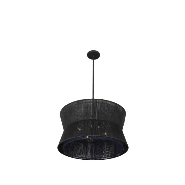 Handmade woven jute shades are transformed with black and blue dye in the Madura collection, which brings an edge to an organic style. These fixtures, which can be a statement or blend into a room's decor, feature a matte black finish on the frame and cast a warm glow on the walls around it. Collection: Madura Finish: Matte Black Width: 22.00" Height: 21.00" Length: 22.00" Weight: 16.00 lb Wire: 96" Rod: (1) 6", (1) 12", (1) 24" Canopy: 6"x1" Number of Bulbs: 4 Maximum Wattage: 40.00 W Bulb Type: E-12 Bulb Base: E12 Candelabra Dimmable Voltage: 120.00 V Material: Steel, Natural Jute Country of Origin: Philippines Safety Listing: cETL Safety Rating: Dry