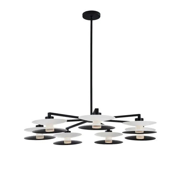 Disappearing silhouettes and clean lines are what gives the Fresno collection this Japandi appeal. The compact design uses LED technology with a white and matte black finish for a soft, reflective glow. Collection: Fresno Rooms: Great Room, Dining Room Finish: White and Matte Black Glass: Bottom Shade Width: 34.00" Height: 14.00" Length: 34.00" Weight: 17.00 lb Wire: 96" Rod: (1) 6", (1) 12", (1) 24" Canopy: 4.75"x.75" Bulbs Included Number of Bulbs: 7 Maximum Wattage: 5.00 W Bulb Type: LED Light Source: LED Light Output: 3185.00 lm Color Temperature: 3000 K CRI: 90 Dimmable Voltage: 120.00 V Material: Steel/Acrylic Country of Origin: China Safety Listing: UL-cUL Safety Rating: Dry LED
