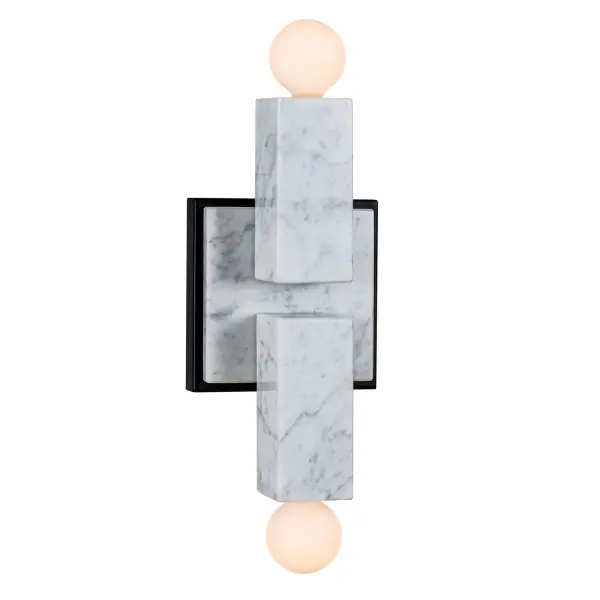The Quadra collection pairs modular inspiration with natural materials. It features a simple Matte Black frame and cool authentic white marble blocks to create a retro vibe. Collection: Quadra Rooms: Bathroom, Hallway Finish: Matte Black Width: 5.00" Height: 15.00" Weight: 4.00 lb Extension from Wall: 3.00" Wire: 12" Canopy: 5"x5"x1" Number of Bulbs: 2 Maximum Wattage: 40.00 W Bulb Type: Candelabra Bulb Base: E12 Candelabra Dimmable Voltage: 120.00 V Material: Marble, Steel Country of Origin: China Safety Listing: UL-cUL Safety Rating: Dry ADA