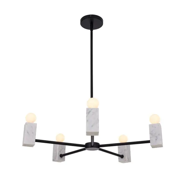 The Quadra collection pairs modular inspiration with natural materials. It features a simple Matte Black frame and cool authentic white marble blocks to create a retro vibe. Collection: Quadra Rooms: Dining Room, Kitchen Finish: Matte Black Width: 26.00" Height: 11.00" Weight: 12.00 lb Wire: 96" Rod: (1) 6", (1) 12", (1) 24" Canopy: 5"x1" Number of Bulbs: 5 Maximum Wattage: 40.00 W Bulb Type: Candelabra Bulb Base: E12 Candelabra Dimmable Voltage: 120.00 V Material: Marble, Steel Country of Origin: China Safety Listing: UL-cUL Safety Rating: Dry