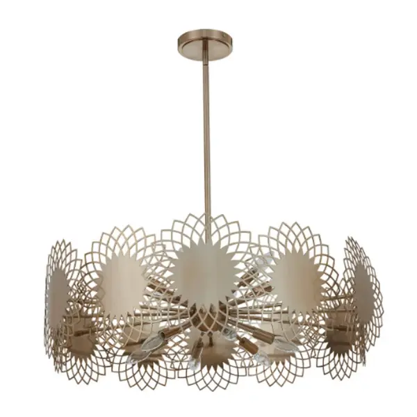 The Helia collection bursts in flower like shapes creating a whimsical design with a hint of Bohemian Flare. Featured in a Brushed Champagne Gold finish on a stainless steel, precision cut frame. Collection: Helia Rooms: Dining Room Finish: Brushed Champagne Gold Width: 32.00" Height: 19.00" Weight: 29.00 lb Wire: 96" Rod: (1) 6", (1) 12", (1) 24" Number of Bulbs: 12 Maximum Wattage: 40.00 W Bulb Type: E12 Bulb Base: E12 Candelabra Dimmable Voltage: 120.00 V Material: Stainless Steel Country of Origin: China Safety Listing: UL-cUL Safety Rating: Dry