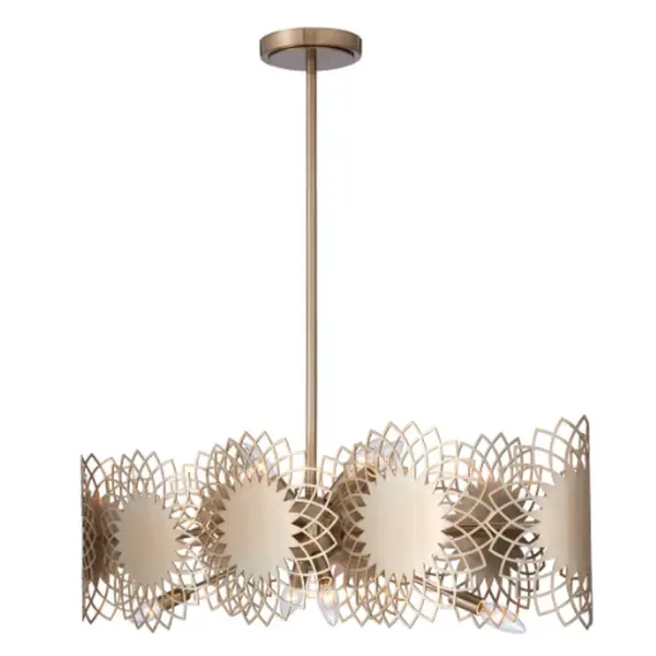 The Helia collection bursts in flower like shapes creating a whimsical design with a hint of Bohemian Flare. Featured in a Brushed Champagne Gold finish on a stainless steel, precision cut frame. Collection: Helia Rooms: Kitchen, Dining Room Finish: Brushed Champagne Gold Width: 9.00" Height: 19.00" Length: 38.00" Weight: 22.00 lb Wire: 96" Rod: (1) 6", (1) 12", (1) 24" Number of Bulbs: 8 Maximum Wattage: 40.00 W Bulb Type: E12 Bulb Base: E12 Candelabra Dimmable Voltage: 120.00 V Material: Stainless Steel Country of Origin: China Safety Listing: UL-cUL Safety Rating: Dry
