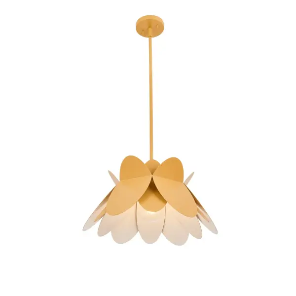 Soft scalloped edges form a fun flower shape in a single color story from petal to canopy, paired with a white interior for a soft, comfortable glow. Includes 90 degree swivel. Collection: Flor Rooms: Kitchen, Dining Room, Restaurant, Finish: White and Yellow Width: 18.00" Height: 17.00" Weight: 11.00 lb Wire: 96" Rod: (1) 6", (1) 12", (1) 24" Canopy: 5"x1" Number of Bulbs: 1 Maximum Wattage: 60.00 W Bulb Type: E26 Bulb Base: E26 Medium Dimmable Voltage: 120.00 V Material: Steel Country of Origin: China Safety Listing: UL-cUL Safety Rating: Dry