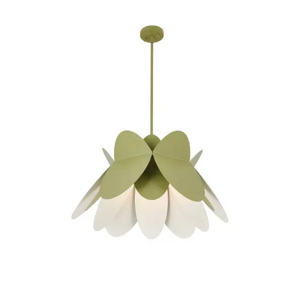 Soft scalloped edges form a fun flower shape in a single color story from petal to canopy, paired with a white interior for a soft, comfortable glow. Includes 90 degree swivel. Collection: Flor Rooms: Kitchen, Dining Room, Restaurant, Finish: White and Green Width: 26.00" Height: 21.00" Weight: 15.00 lb Wire: 96" Rod: (1) 6", (1) 12", (1) 24" Canopy: 5"x1" Number of Bulbs: 1 Maximum Wattage: 60.00 W Bulb Type: E26 Bulb Base: E26 Medium Dimmable Voltage: 120.00 V Material: Steel Country of Origin: China Safety Listing: UL-cUL Safety Rating: Dry