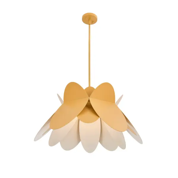 Soft scalloped edges form a fun flower shape in a single color story from petal to canopy, paired with a white interior for a soft, comfortable glow. Includes 90 degree swivel. Collection: Flor Rooms: Kitchen, Dining Room, Restaurant, Finish: White and Yellow Width: 26.00" Height: 21.00" Weight: 15.00 lb Wire: 96" Rod: (1) 6", (1) 12", (1) 24" Canopy: 5"x1" Number of Bulbs: 1 Maximum Wattage: 60.00 W Bulb Type: E26 Bulb Base: E26 Medium Dimmable Voltage: 120.00 V Material: Steel Country of Origin: China Safety Listing: UL-cUL Safety Rating: Dry