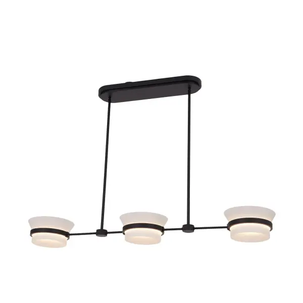 The Anel collection makes the disappearing silhouette a luxury staple with white frosted floating glass shades nested in a classic Matte Black frame. Featuring integrated LED technology that are dimmable using TRIAC dimmers (not included). Collection: Anel Rooms: Kitchen, Dining Room Finish: Matte Black Glass: White frosted Glass Ring Width: 8.00" Height: 13.00" Length: 44.00" Weight: 12.00 lb Wire: 156" Rod: (2) 6", (2) 12", (2) 24" Bulbs Included Maximum Wattage: 28.00 W Bulb Type: LED Light Source: LED Light Output: 1860.00 lm Color Temperature: 3000 K CRI: 90 Dimmable Voltage: 120.00 V Material: Steel, Glass Country of Origin: China Safety Listing: UL-cUL Safety Rating: Dry LED