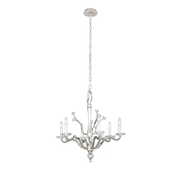 Inspired by the physical form and a sense of surrealism. Venus from the ILUMINE collection by Vanessa Deleon elicits curiosity for lighting as art. Cast brass crafted, featuring clear Firenze crystal florets and bobeches. Collection: Venus Rooms: Living Room, Foyer Finish: Pewter Width: 26.00" Height: 28.00" Length: 26.00" Weight: 30.00 lb Chain: 48" Wire: 96" Number of Bulbs: 6 Maximum Wattage: 60.00 W Bulb Type: E12 Bulb Base: E12 Candelabra Dimmable Voltage: 120.00 V Material: Cast Brass Country of Origin: China Safety Listing: UL-cUL Safety Rating: Dry