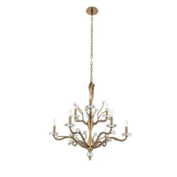 Inspired by the physical form and a sense of surrealism. Venus from the ILUMINE collection by Vanessa Deleon elicits curiosity for lighting as art. Cast brass crafted, featuring clear Firenze crystal florets and bobeches. Collection: Venus Rooms: Living Room, Foyer Finish: Historic Brass Width: 32.00" Height: 34.00" Length: 32.00" Weight: 45.00 lb Chain: 96" Wire: 156" Number of Bulbs: 9 Maximum Wattage: 60.00 W Bulb Type: E12 Bulb Base: E12 Candelabra Dimmable Voltage: 120.00 V Material: Cast Brass Country of Origin: China Safety Listing: UL-cUL Safety Rating: Dry
