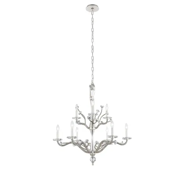 Inspired by the physical form and a sense of surrealism. Venus from the ILUMINE collection by Vanessa Deleon elicits curiosity for lighting as art. Cast brass crafted, featuring clear Firenze crystal florets and bobeches. Collection: Venus Rooms: Living Room, Foyer Finish: Pewter Width: 32.00" Height: 34.00" Length: 32.00" Weight: 45.00 lb Chain: 96" Wire: 156" Number of Bulbs: 9 Maximum Wattage: 60.00 W Bulb Type: E12 Bulb Base: E12 Candelabra Dimmable Voltage: 120.00 V Material: Cast Brass Country of Origin: China Safety Listing: UL-cUL Safety Rating: Dry
