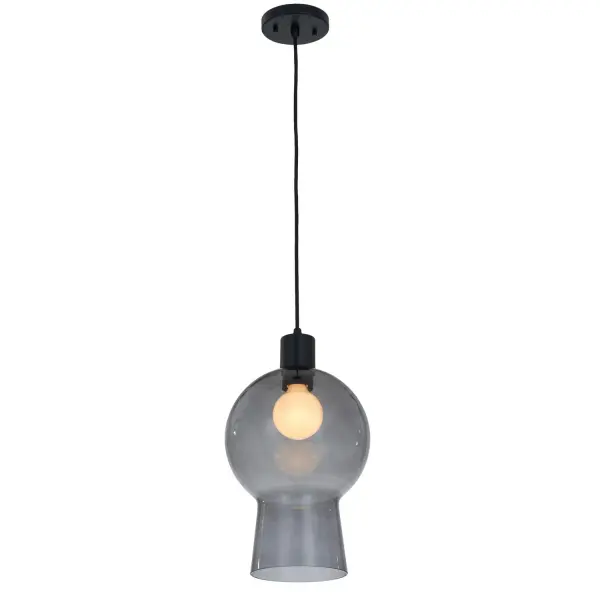 Deliberately over-sized and delightfully pigmented, the Cores collection takes inspiration from nature with its champagne cork like shape and features a 10' black fabric covered cord and black hardware. Collection: Cores Rooms: Kitchen, Bar, Game Room, Finish: Matte Black Glass: Grey Bell Shape Color Glass Width: 9.00" Height: 16.00" Weight: 4.00 lb Wire: 96" Canopy: 5"x1" Number of Bulbs: 1 Maximum Wattage: 60.00 W Bulb Type: E26 Bulb Base: E26 Medium Dimmable Voltage: 120.00 V Material: Steel, Fabric, Glass Country of Origin: China Safety Listing: UL-cUL Safety Rating: Dry