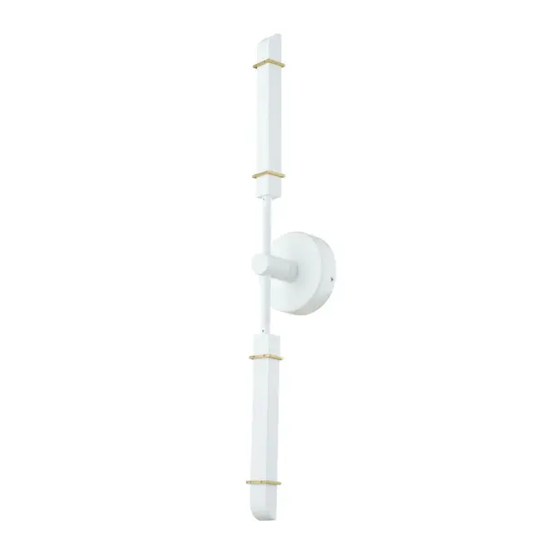 A futuristic low profile silhouette paired with articulating arms for perfet positioniing and petite fixture heads that can be rotated to pint upward of downward to direct light. Presented in a trendy white with brass combination for the ideal conversation piece. Collection: Concorde Rooms: Great Room, Dining Room Finish: Satin Brass and Matte White Notes: Head Size: 10x1.5x1.25`` Width: 5.00" Height: 28.00" Length: 4.00" Extension from Wall: 4.00" Canopy: 5"x1.5" Number of Bulbs: 2 Maximum Wattage: 30.00 W Bulb Type: LED Light Source: LED Light Output: 680.00 lm Color Temperature: 3000 K CRI: 90 Dimmable Voltage: 120.00 V Material: Steel, Glass Country of Origin: China Safety Listing: UL-cUL Safety Rating: Dry LED