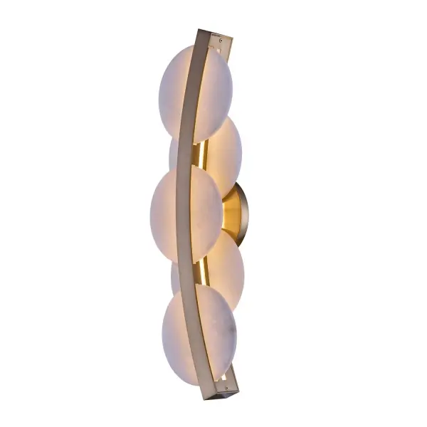 Inspired by the soft glow of the moon, Meridian brings the beauty of the mineral stone indoors. This gently curved slim silhouette frame is accented with authentic Alabaster discs that diffuse the light. Features LED technology and a warm Winter Brass finish. Collection: Meridian Rooms: Bathroom Finish: Winter Brass Width: 6.75" Height: 22.00" Weight: 9.24 lb Extension from Wall: 3.00" Wire: 12" Canopy: 6"x1" Bulbs Included Maximum Wattage: 22.00 W Bulb Type: LED Light Source: LED Light Output: 1538.00 lm Color Temperature: 3000 K CRI: 90 Dimmable Voltage: 120.00 V Material: Alabaster, Stainless Steel Country of Origin: China Safety Listing: UL-cUL Safety Rating: Dry LED