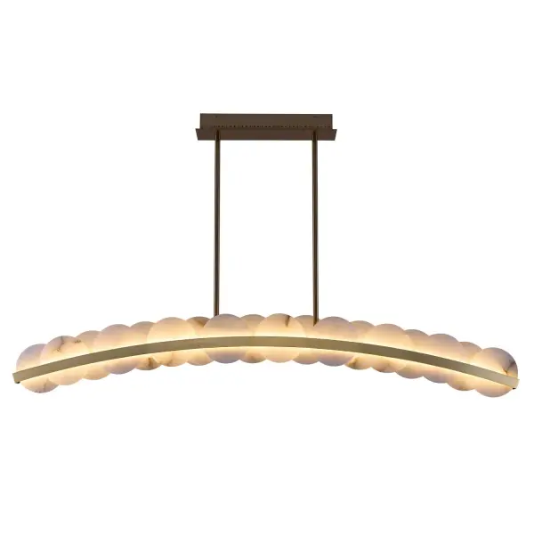 Inspired by the soft glow of the moon, Meridian brings the beauty of the mineral stone indoors. This gently curved slim silhouette frame is accented with authentic Alabaster discs that diffuse the light. Features LED technology and a warm Winter Brass finish. Collection: Meridian Rooms: Kitchen Finish: Winter Brass Width: 2.25" Height: 9.75" Length: 60.00" Weight: 30.80 lb Wire: 156" Rod: (2) 6", (2) 12", (2) 24" Canopy: 5.5"x2"x17" Bulbs Included Maximum Wattage: 61.00 W Bulb Type: LED Light Source: LED Light Output: 4350.00 lm Color Temperature: 3000 K CRI: 90 Dimmable Voltage: 120.00 V Material: Alabaster, Stainless Steel Country of Origin: China Safety Listing: UL-cUL Safety Rating: Dry LED