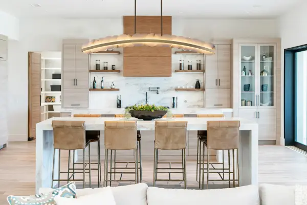 Inspired by the soft glow of the moon, Meridian brings the beauty of the mineral stone indoors. This gently curved slim silhouette frame is accented with authentic Alabaster discs that diffuse the light. Features LED technology and a warm Winter Brass finish. Collection: Meridian Rooms: Kitchen Finish: Winter Brass Width: 2.25" Height: 9.75" Length: 60.00" Weight: 30.80 lb Wire: 156" Rod: (2) 6", (2) 12", (2) 24" Canopy: 5.5"x2"x17" Bulbs Included Maximum Wattage: 61.00 W Bulb Type: LED Light Source: LED Light Output: 4350.00 lm Color Temperature: 3000 K CRI: 90 Dimmable Voltage: 120.00 V Material: Alabaster, Stainless Steel Country of Origin: China Safety Listing: UL-cUL Safety Rating: Dry LED - alternate view
